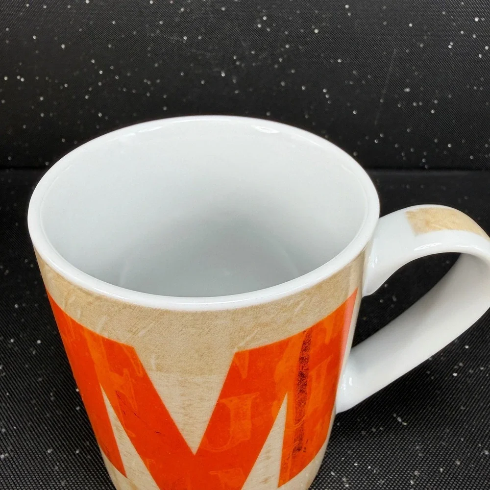 Pier 1 Imports Porcelain Coffee Mug Letter M Monogram Orange Tan Wood Grain 4in